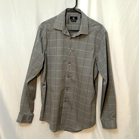 Calvin Klein Slim Fit No Iron Mens Long Sleeve Shirt Size L  16 34/35 Gray - Picture 1 of 8